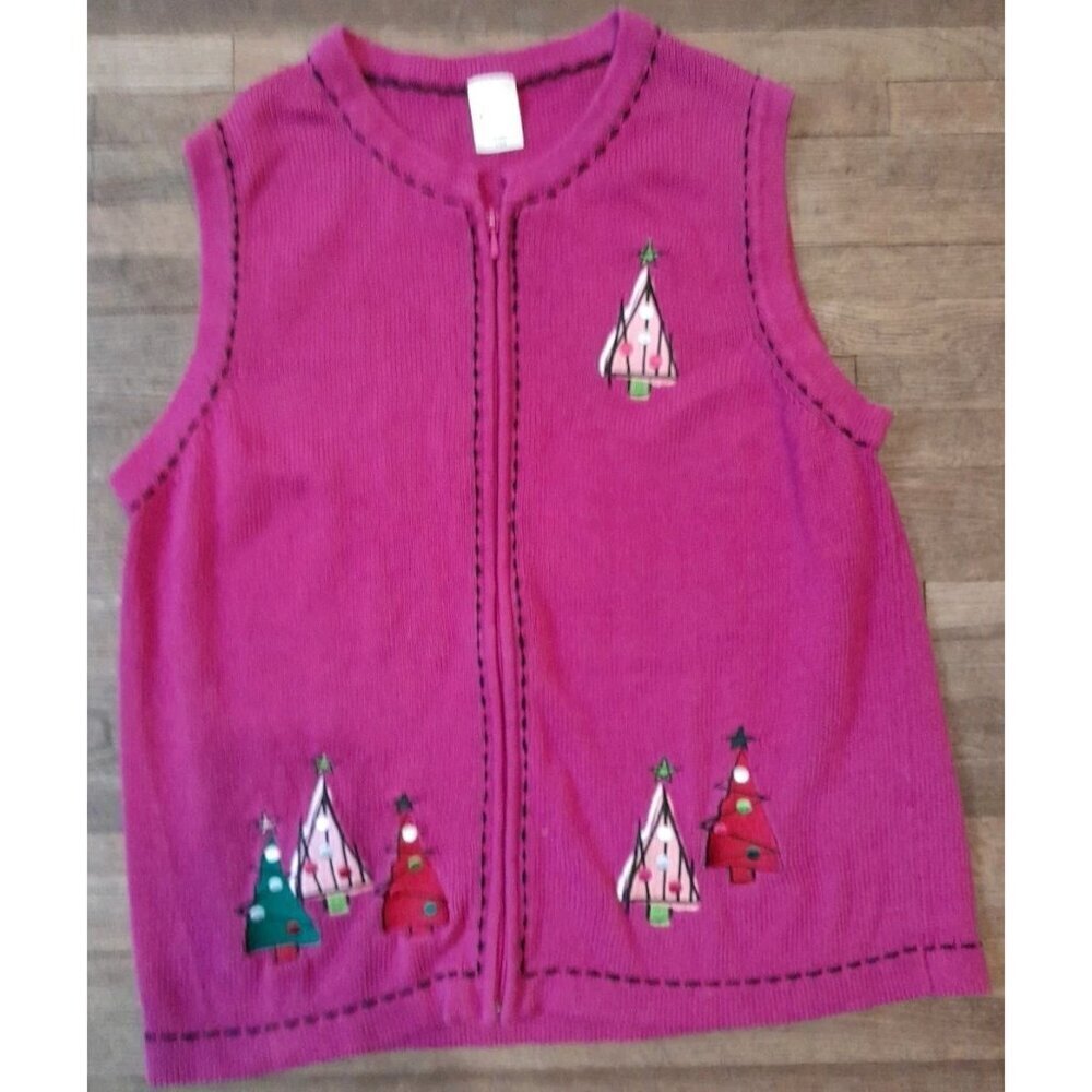Vtg Blair Embroidered Sleeveless Christmas Tree Holiday Large Zip Cardigan Pink